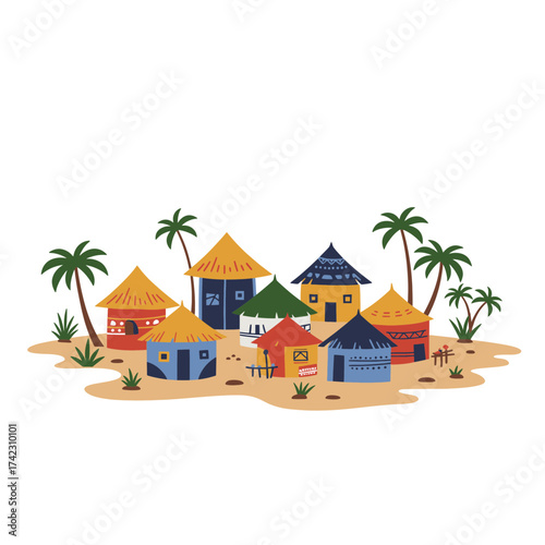 Colorful tropical village with huts and palm trees