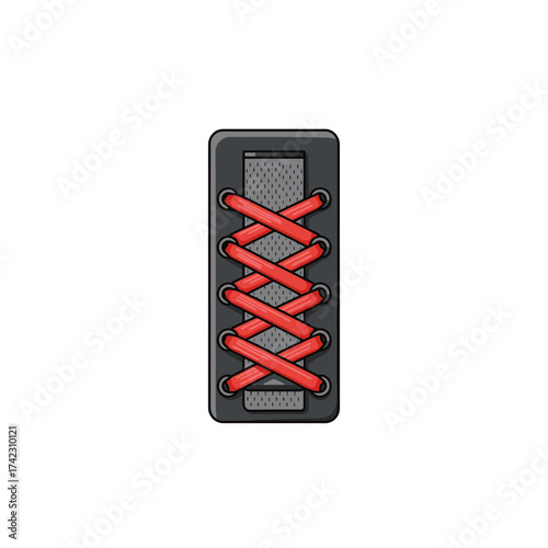 Lacing shoe with red laces on a black shoe tongue