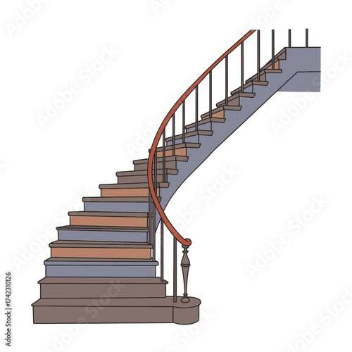 Stylish curved staircase with wooden handrail and metal balusters