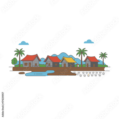 Small lakeside village with huts and palm trees