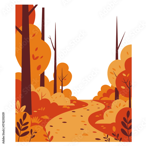 Autumn forest pathway with colorful trees and shrubs