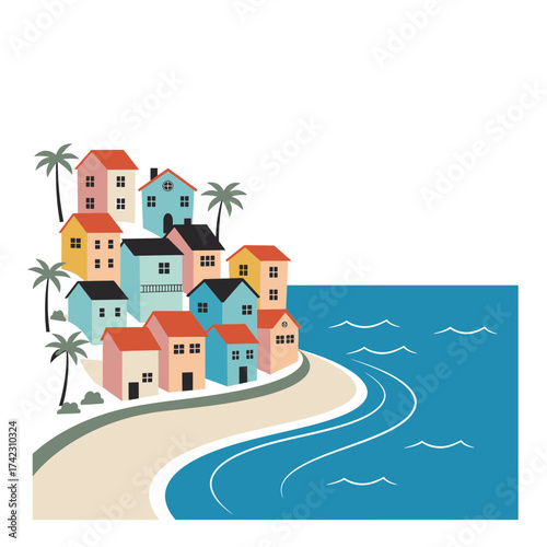 Colorful seaside village with houses and palm trees by water