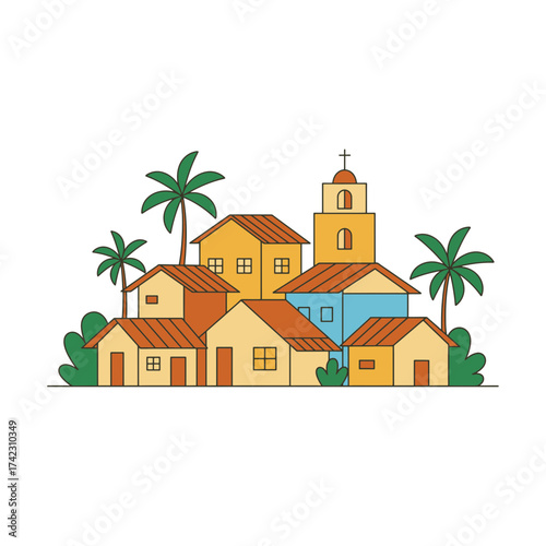 Colorful hillside village with palm trees and church steeple