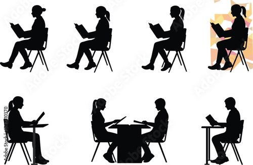 Reading and studying silhouette, seated figures, book and laptop use, tutoring scene, education moment, learning posture, desk interaction, student focus