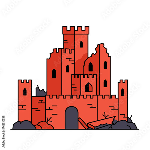 Red castle with multiple towers and battlements