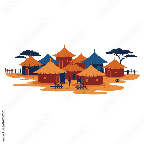 African village with huts and trees on white background