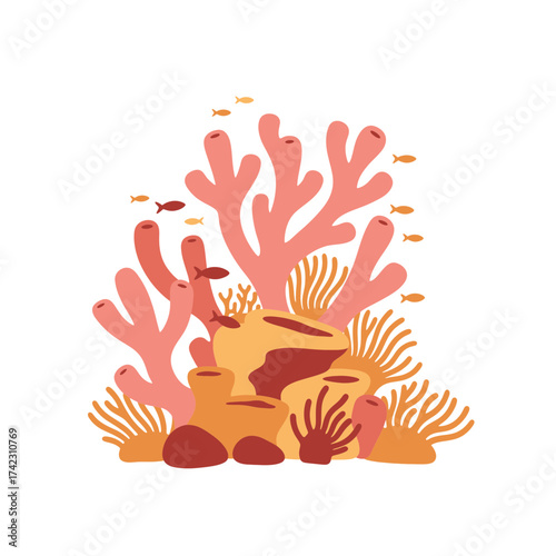 Coral reef with various coral formations and small fish