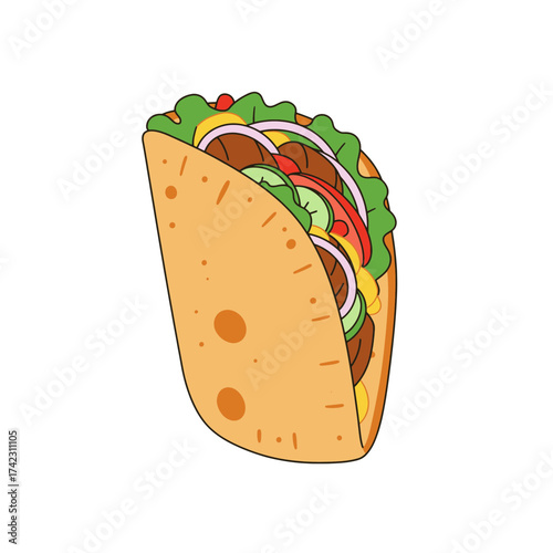 Fresh taco filled with vegetables and meat on a crispy shell