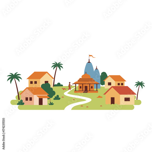 Colorful rural village with houses trees and temple for travel and lifestyle scenes
