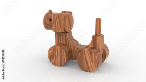 Orbit around a rustic wooden dog toy featuring geometric blocks and smooth cylindrical wheels on white background - 3D rendering
