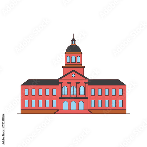 Historic city hall building with clock tower and symmetrical facade