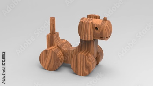 Orbit around a rustic wooden dog toy featuring geometric blocks and smooth cylindrical wheels on white background - 3D rendering