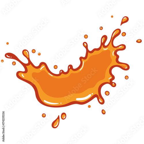 Splash of orange liquid with dynamic droplets on white background