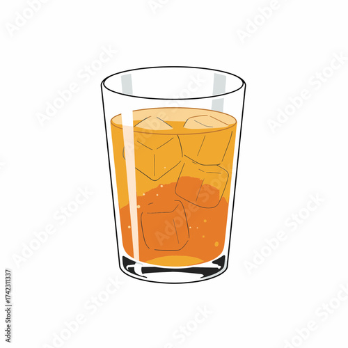 Glass of iced beverage with ice cubes