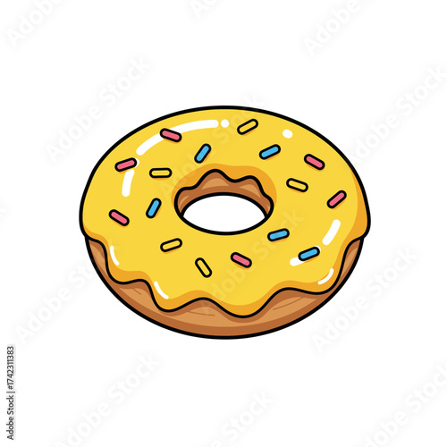 Decorative donut with yellow glaze and sprinkles on white background