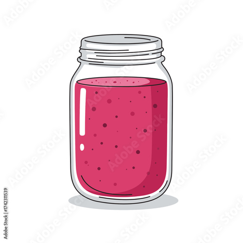 Mason jar filled with berry smoothie on white background