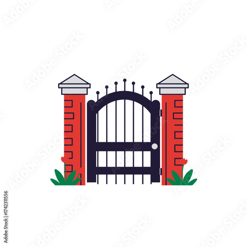 Colorful modern gate with brick pillars and greenery