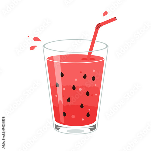 Red watermelon juice with straw in glass on white background