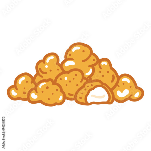 Pile of fried chicken bites with seasoning and sauce