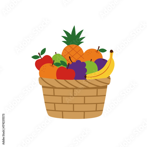 Basket filled with assorted fresh fruits including pineapple banana apple and grapes