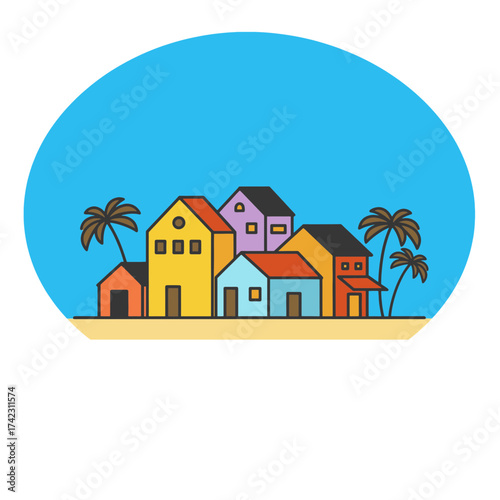 Colorful seaside village with palm trees and blue sky background