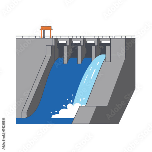 Dam spillway with flowing water and structural components