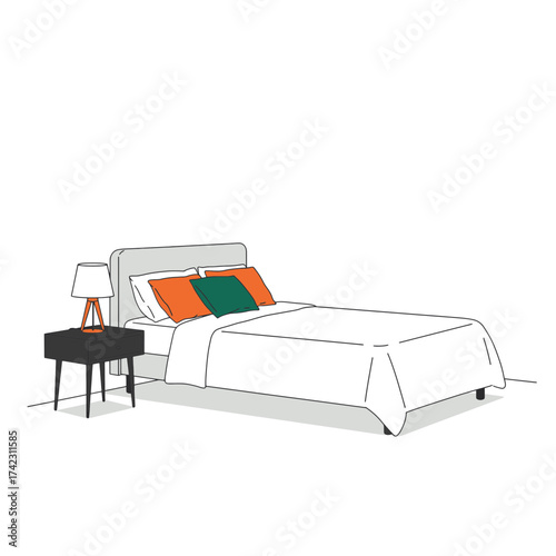 modern bedroom with bed and nightstand with lamp