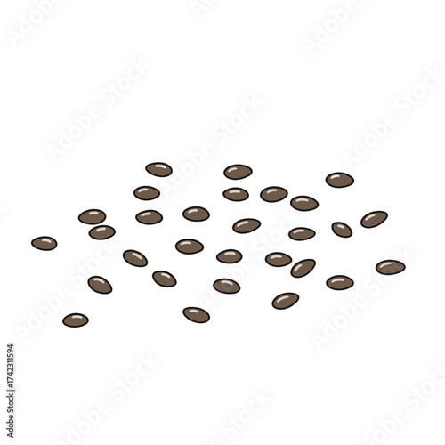 Spilled coffee beans scattered on a white background