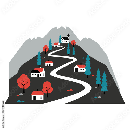 mountain landscape with houses trees and path