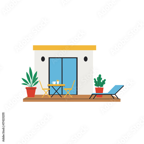 Modern outdoor patio with plants and seating area