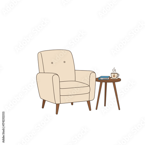 Armchair with side table holding books and coffee cup