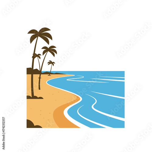Tropical beach with palm trees and ocean waves scene
