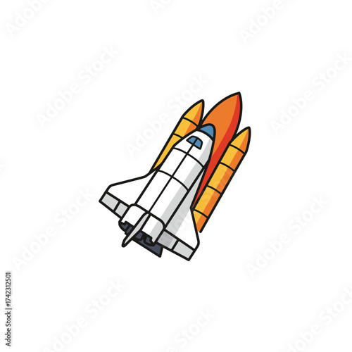 Space shuttle launching with rocket flames and exhaust plumes