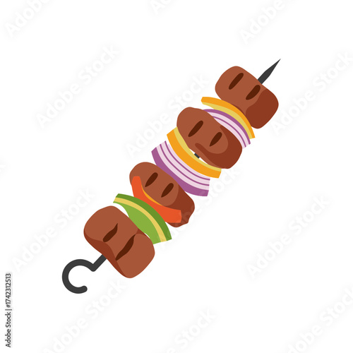 Skewered meat and vegetable kebabs with colorful vegetables