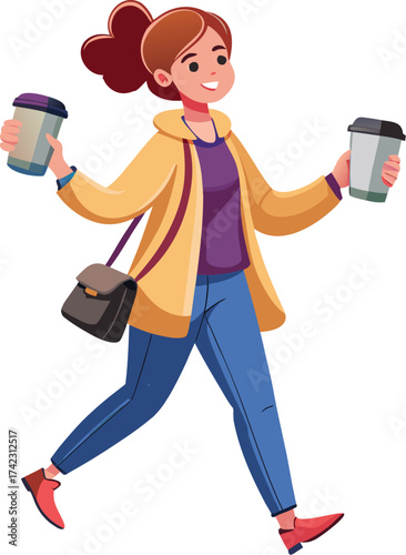 Cartoon Woman Walking with Coffee – Urban Lifestyle Vector Character