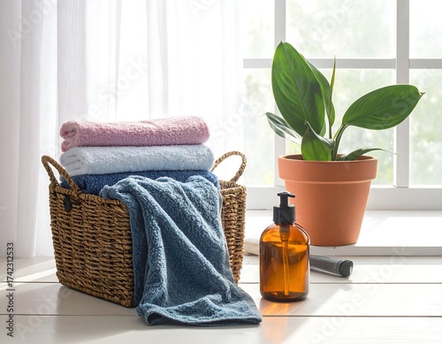 Neat stack of folded colorful towels in a wicker basket by a bright window