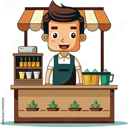 Cartoon Vendor at Juice Stall – Small Business Vector Illustration