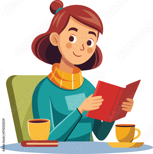 Cartoon Person Reading Book at Table – Cozy Vector Scene