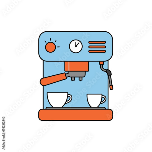 Coffee machine with cups and controls
