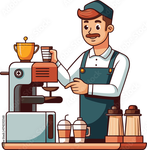 Cartoon Barista Making Coffee – Award-Winning Vector Illustration