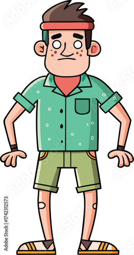 Cartoon Kid in Green Outfit with Headband – Adventure Vector Character
