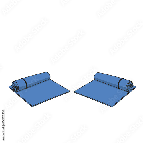 Set of folded yoga mats with rolled ends on blue mats