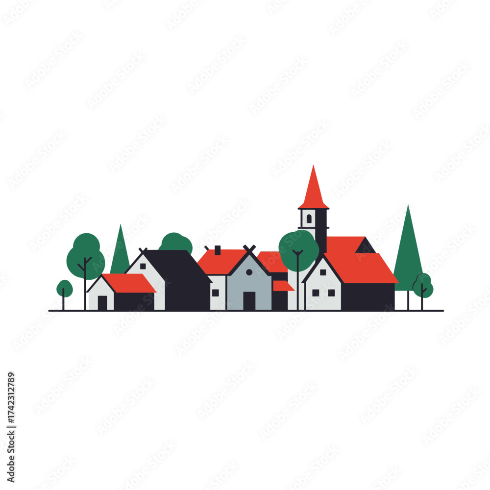 Fototapeta premium Small village with houses trees and church spire on white background