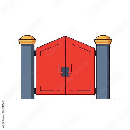 modern red garage door with fencing posts and gate