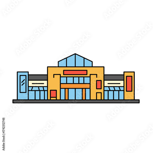 modern shopping mall building with glass windows and retail stores