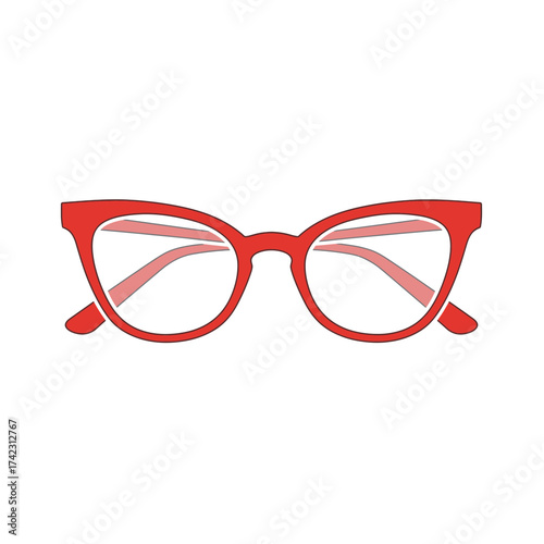 stylish red eyeglasses with transparent lens on white background