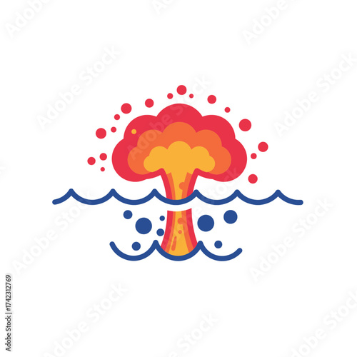 explosive volcanic eruption with ash plume and water waves