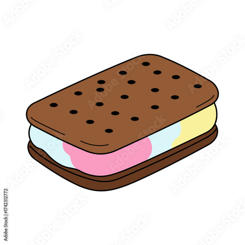 Ice cream sandwich with cookies and ice cream filling on white background