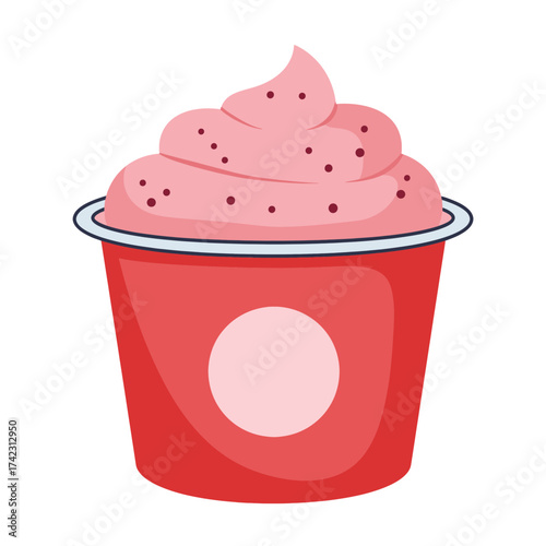 Pink frozen yogurt in a red cup with sprinkles for dessert