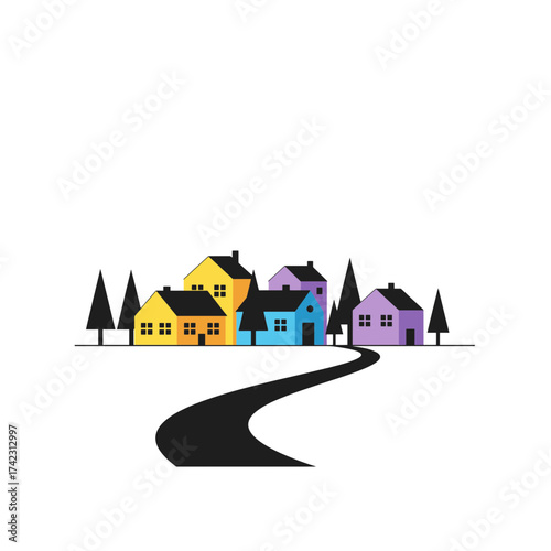 Colorful small village houses with trees and pathway in flat style